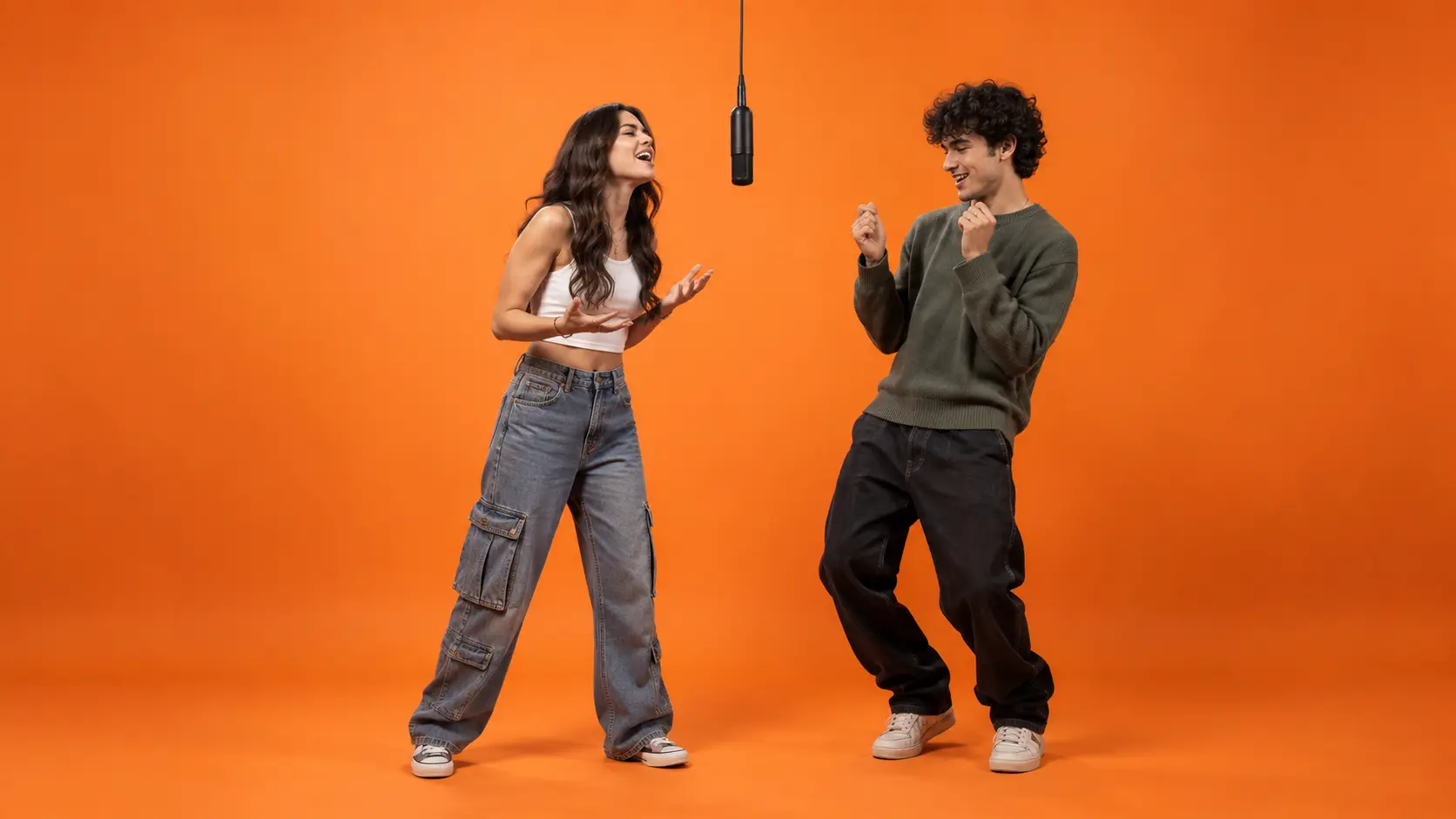 Two friends singing at one hanging microphone in an orange booth
